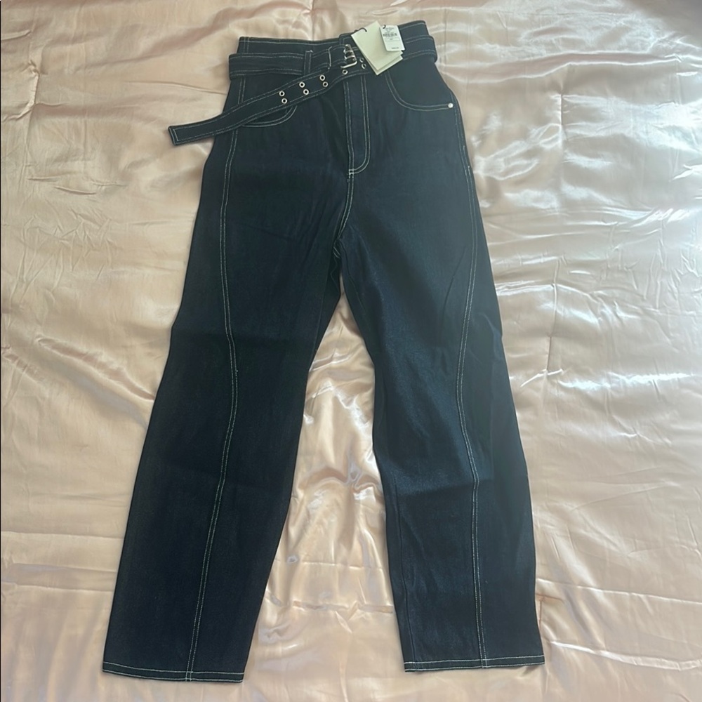 Neiman Marcus navy belted denim trousers